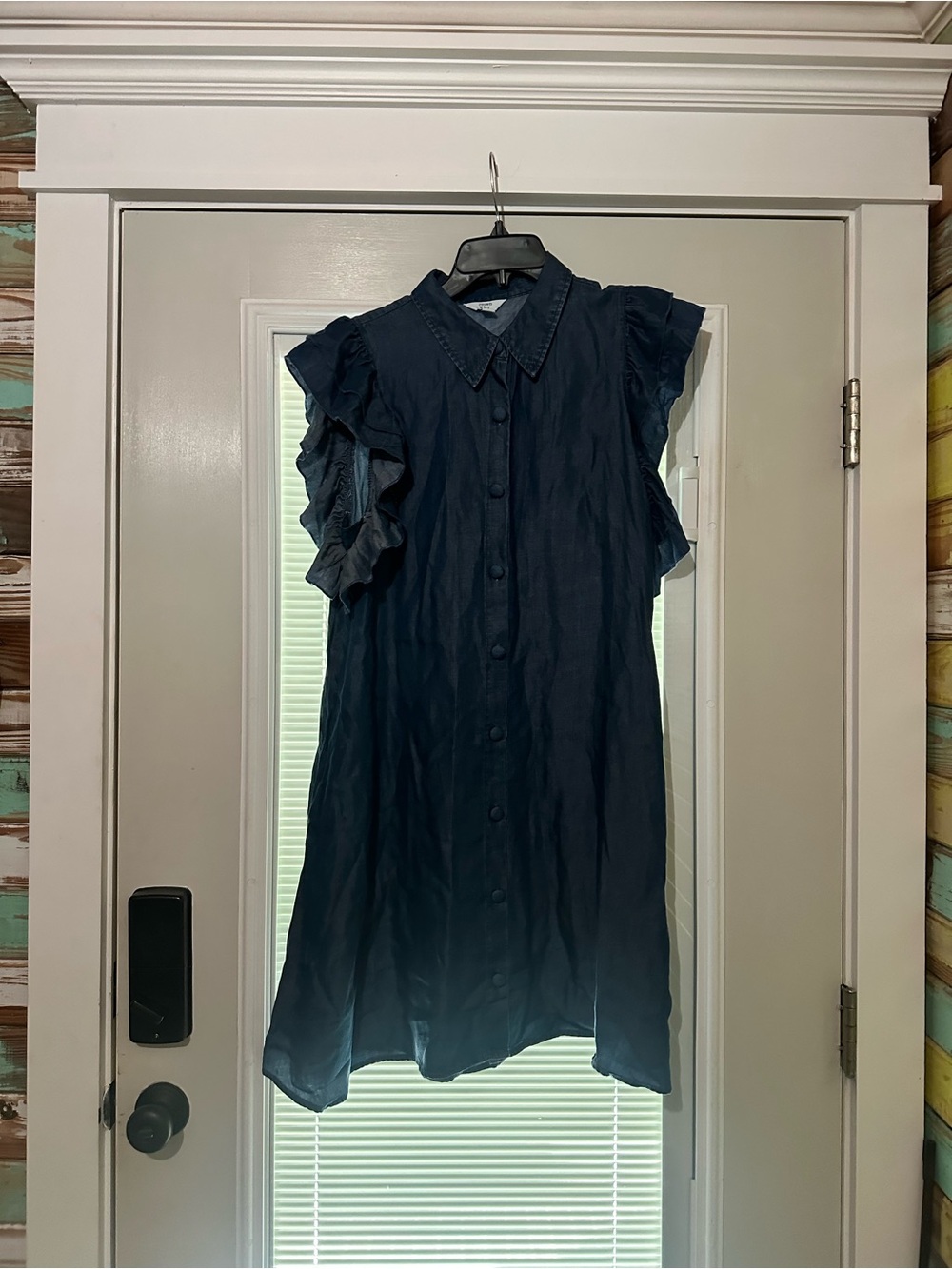 Dark Bluejean Ruffle Sleeve Button-Front Dress